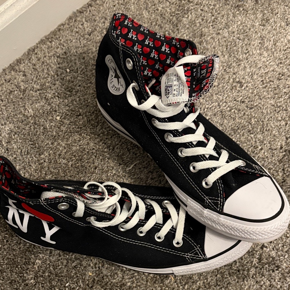 Converse Black High Top Chuck Taylor Sneakers with Red ❤️ NY Liner